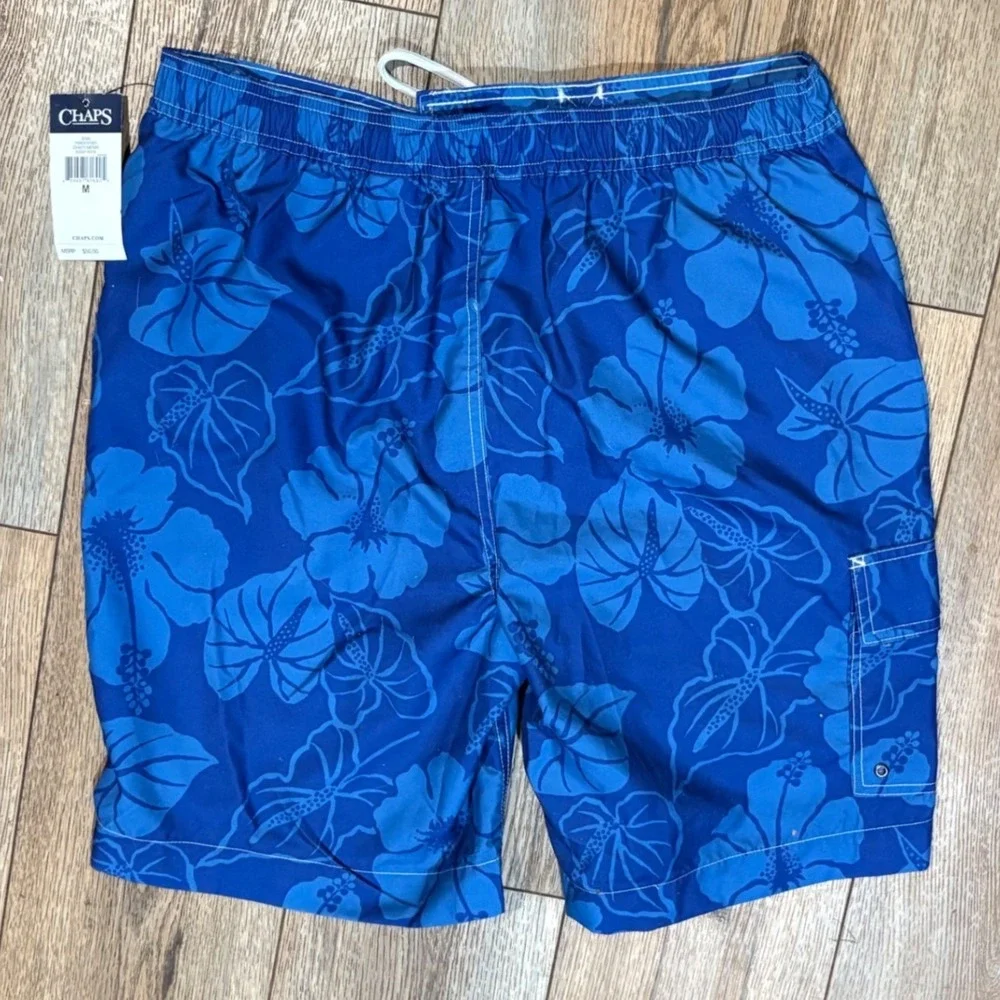 Chaps Swim Trunks Mens Medium‎ Blue New Tropical Hibiscus Floral Cargo Shorts